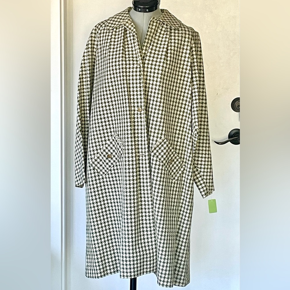 Vintage checkered swingcoat/trench, Drk olive green and white, pockets, GUC - Picture 2 of 13